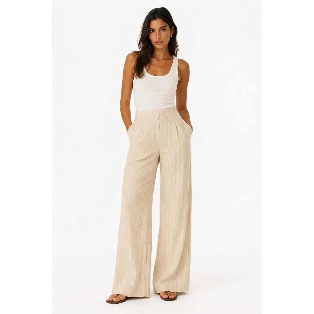 Zara High Waisted Linen Blend Striped Wide Leg Pants Beige Size S NWT